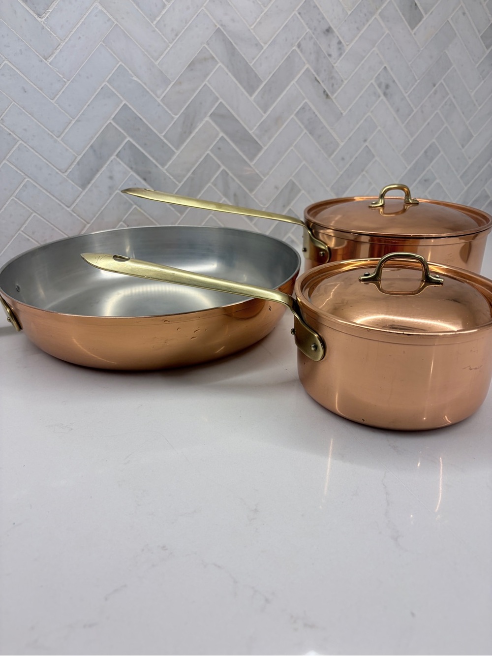 Vintage Tagus 5 Piece Copper + Brass Sauce Pan + Skillet Set
